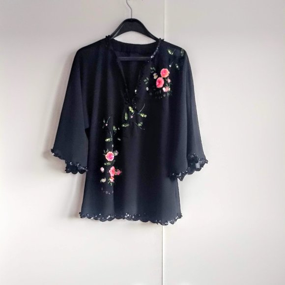 vintage 80s sequin beaded sheer floral top EUC - Picture 1 of 14